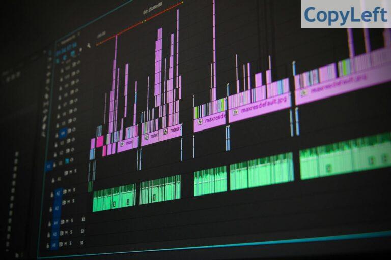 Close-up of a professional audio and video editing software interface with waveform displays.